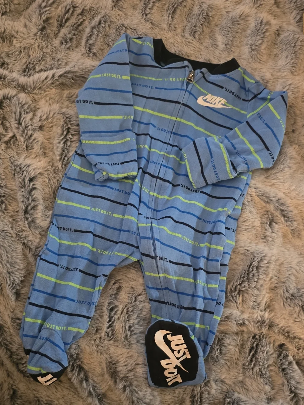 Nike Blue Striped Infant Footed One-Piece with Lime Accents